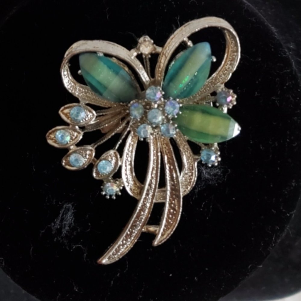 Vintage Geen and Blue Rhinestone in Silver tone setting Bow